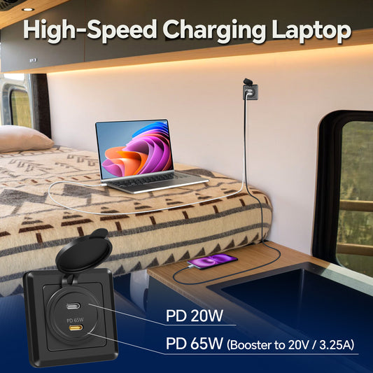 12V USB-C Outlet, 85W RV Dual USB Socket (65W + 20W)