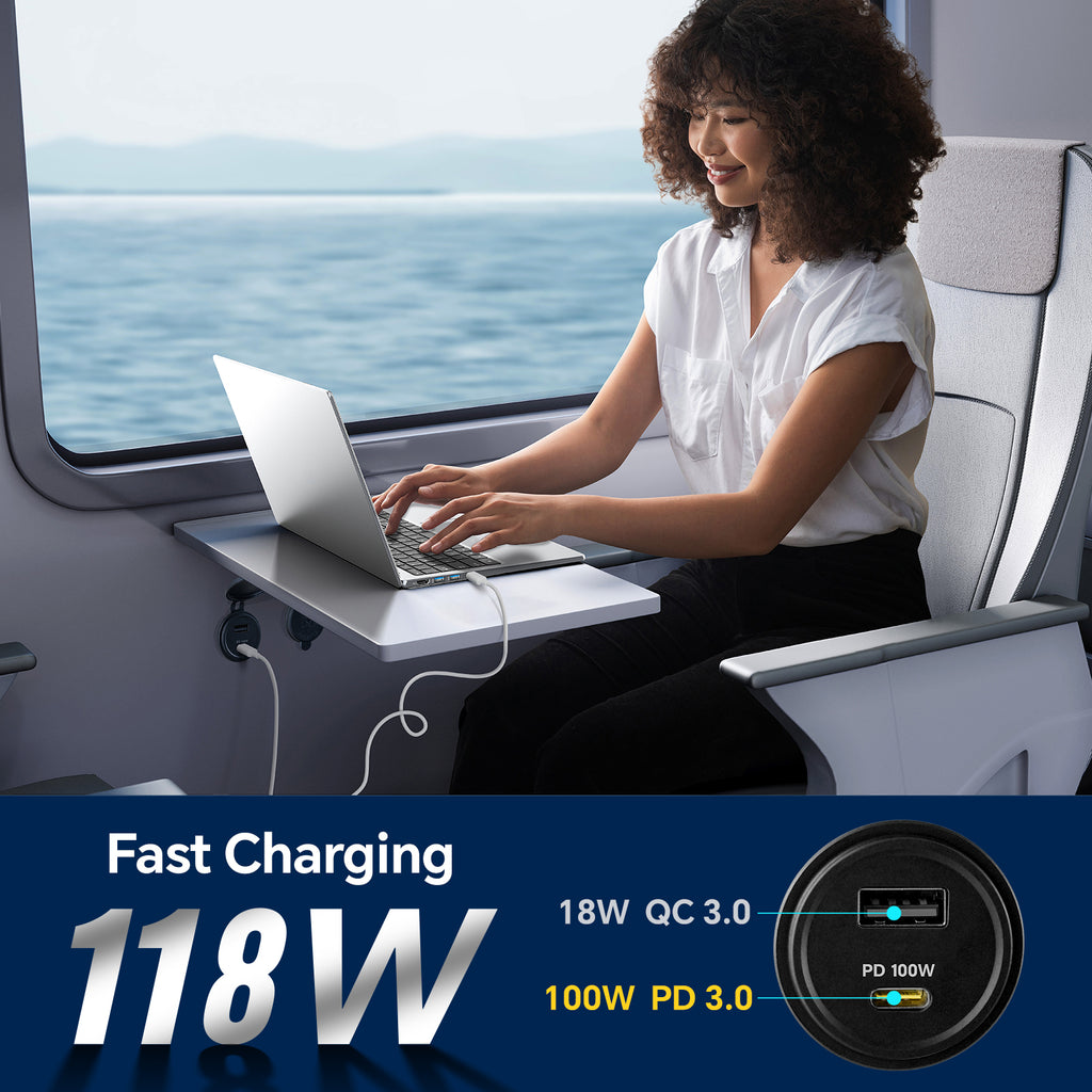 118W 12V USB Socket Aluminum Outlet, 100W PD3.0 USB-C, 18W QC3.0 USB-A