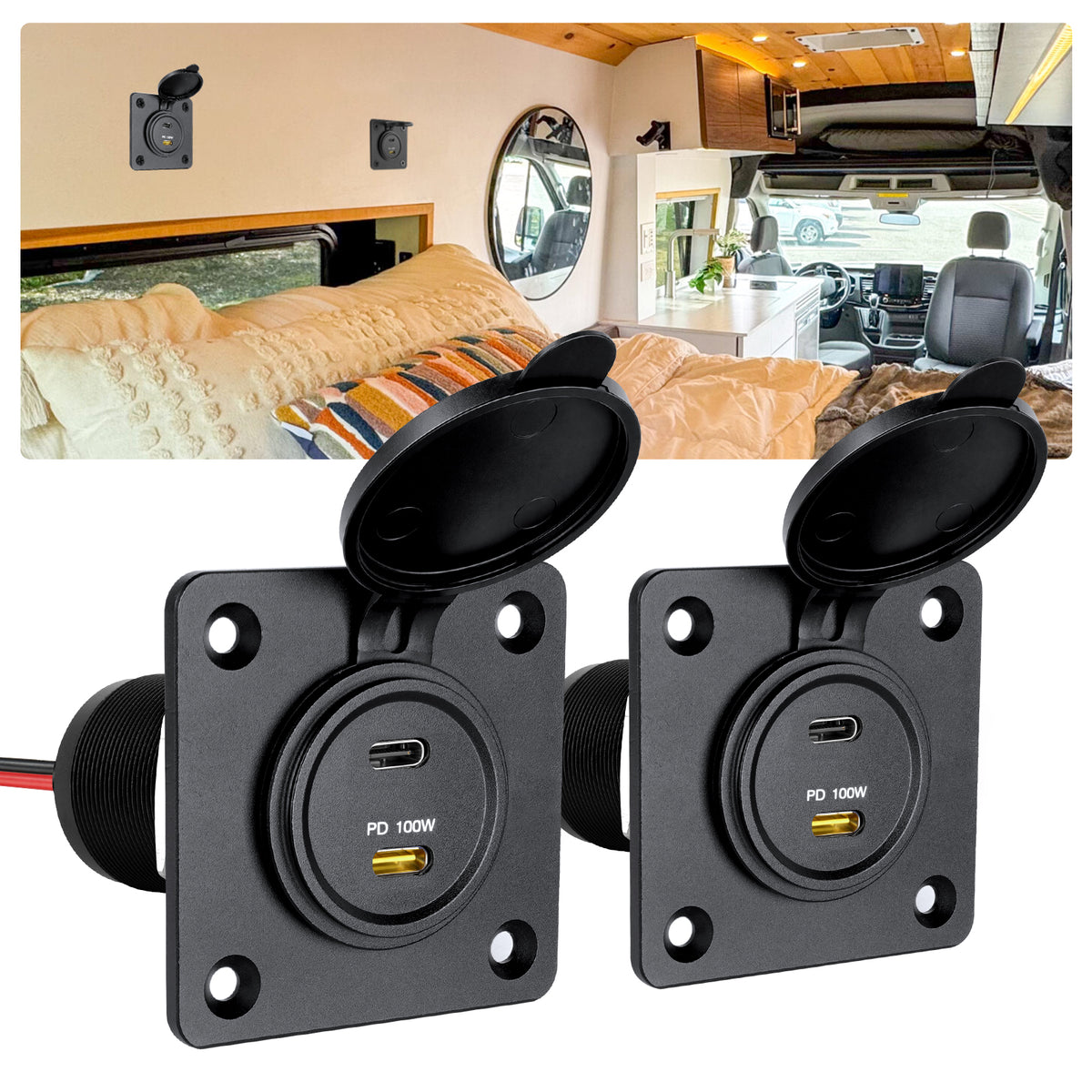 12V USB Socket Aluminum Outlet, 100W PD3.0 USB-C & 20W PD