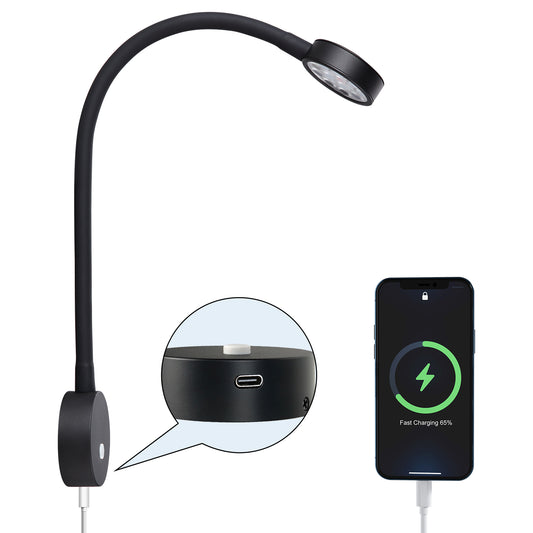 12V Reading Light RV Boat Flexible Spot Built-in USB-C Charger Dimmable
