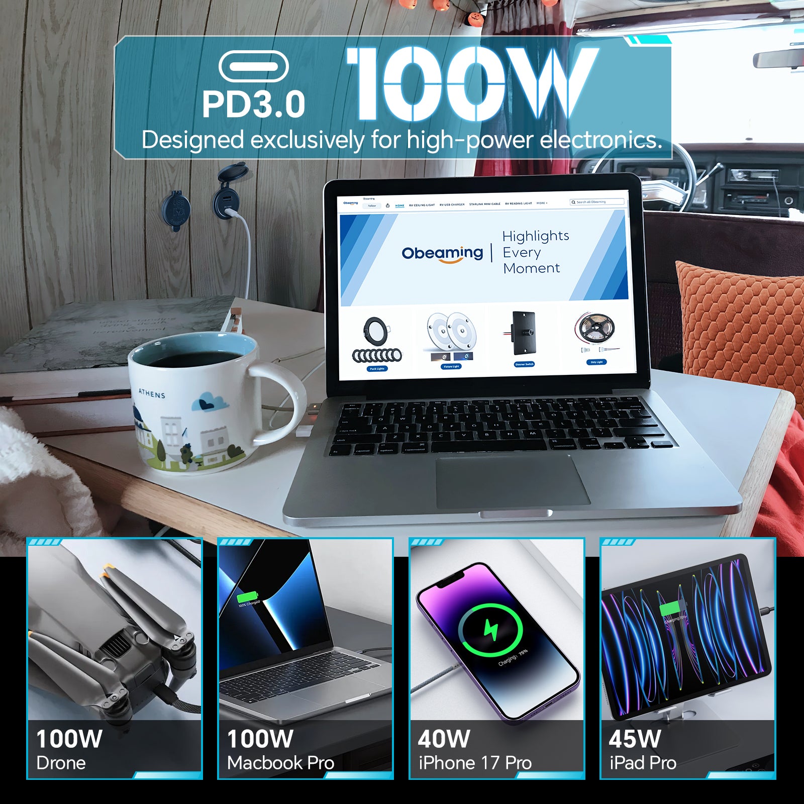 118W 12V USB Socket Aluminum Outlet, 100W PD3.0 USB-C, 18W QC3.0 USB-A