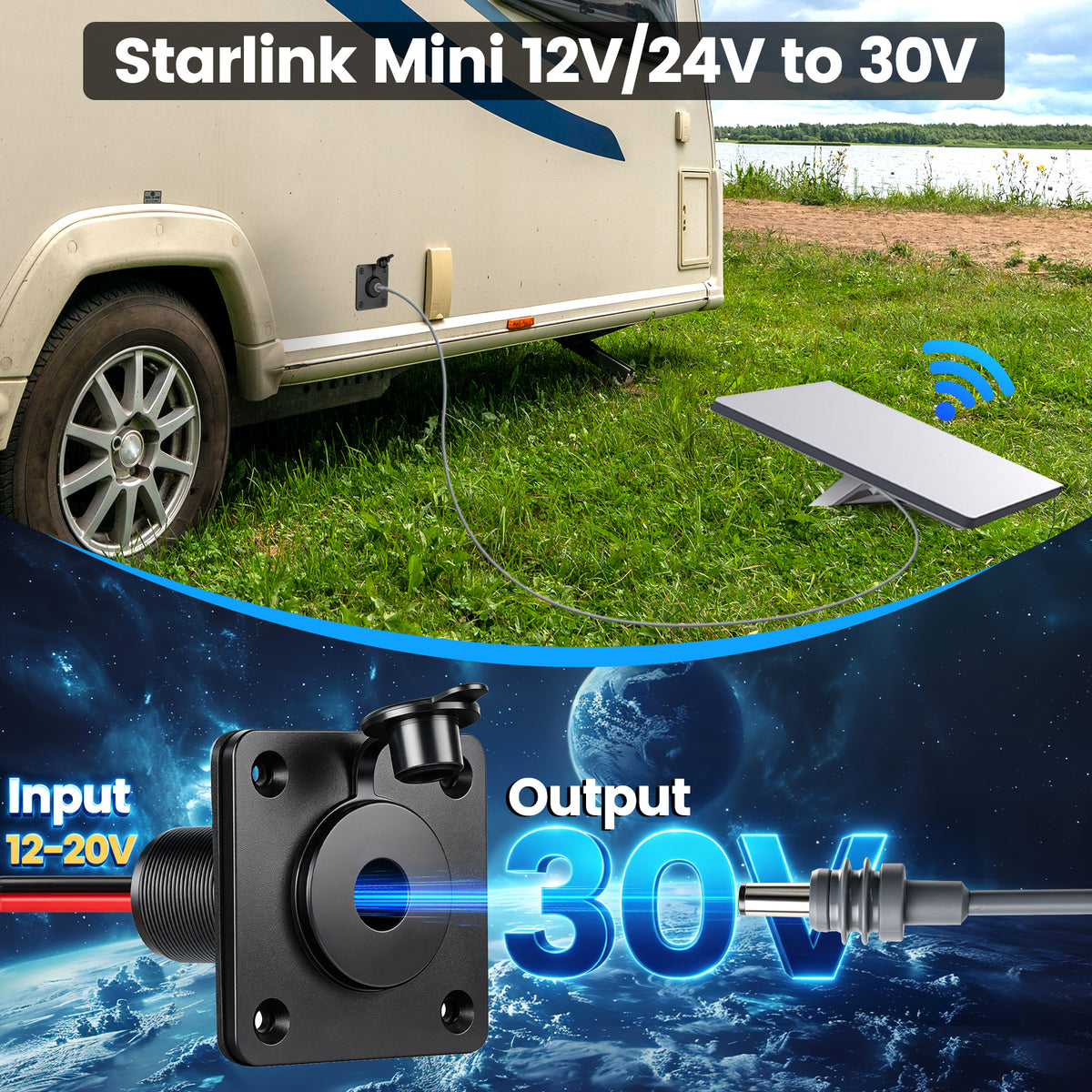 30V Bulkhead Fitting Power Supply for Starlink Mini, Step Up Converter DC 10-28V Boost to 30V