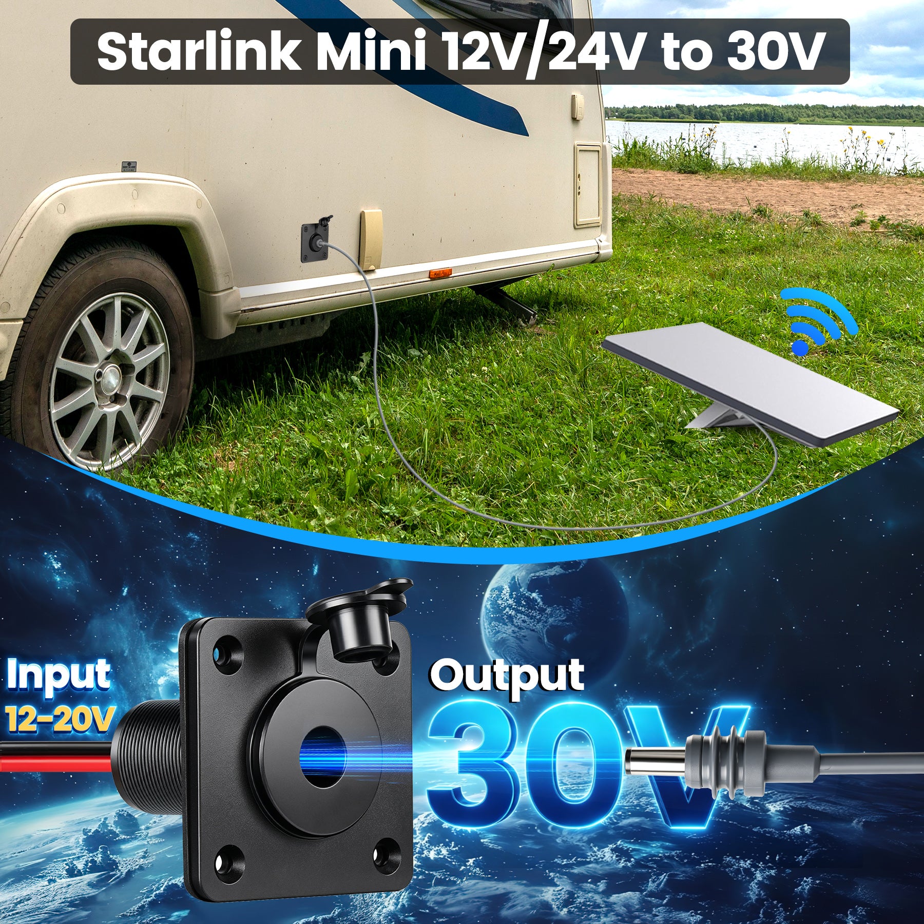 30V Bulkhead Fitting Power Supply for Starlink Mini, Step Up Converter DC 10-28V Boost to 30V