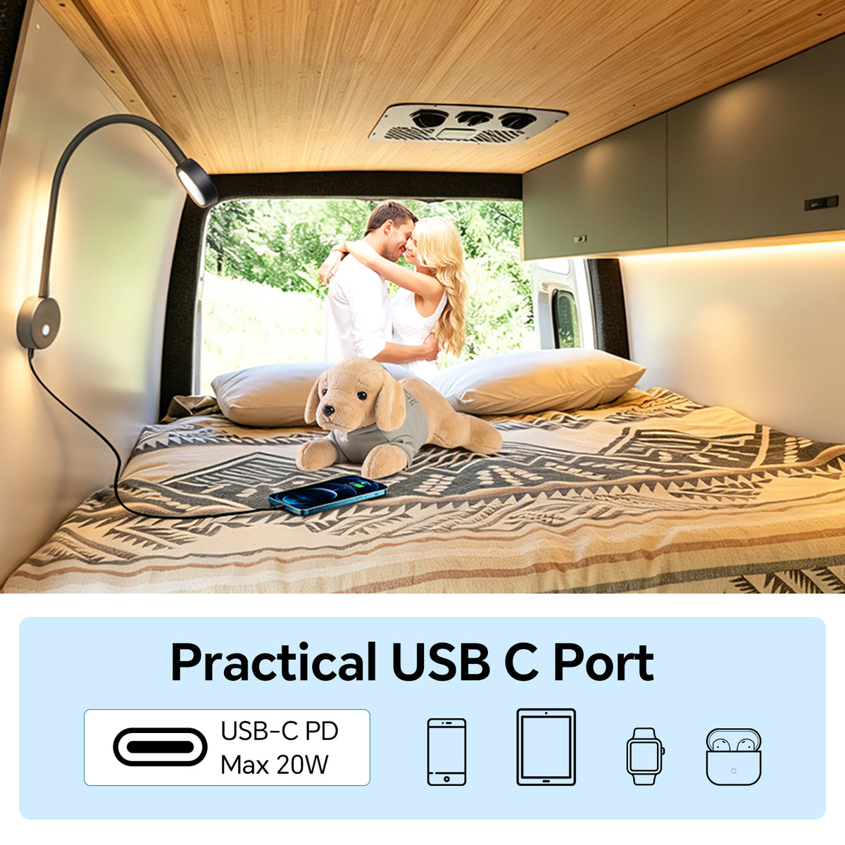 12V Reading Light RV Boat Flexible Spot Built-in USB-C Charger Dimmable