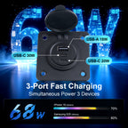3 Port 68W Aluminum 12V USB C Outlet, Dual USB-C and USB-A