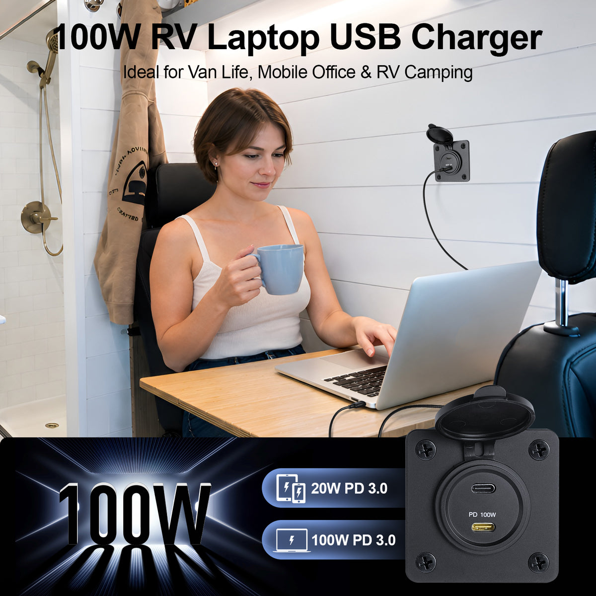 12V USB Socket Aluminum Outlet, 100W PD3.0 USB-C & 20W PD