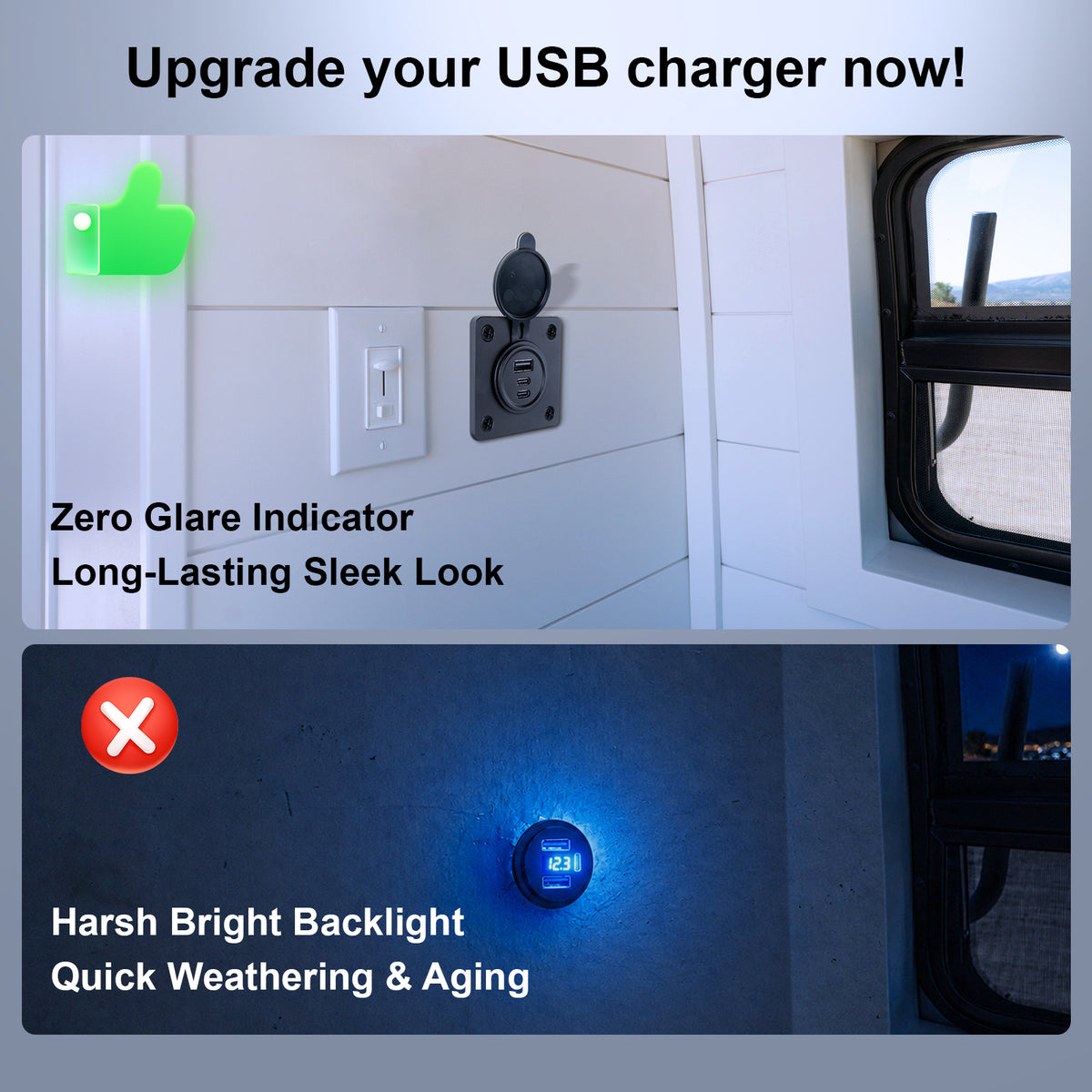 3 Port 68W Aluminum 12V USB C Outlet, Dual USB-C and USB-A