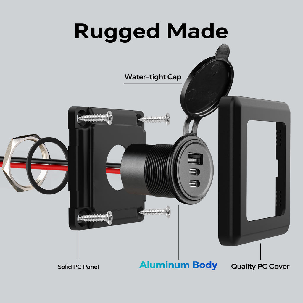 3 Port 68W Aluminum 12V USB C Outlet, Dual USB-C and USB-A
