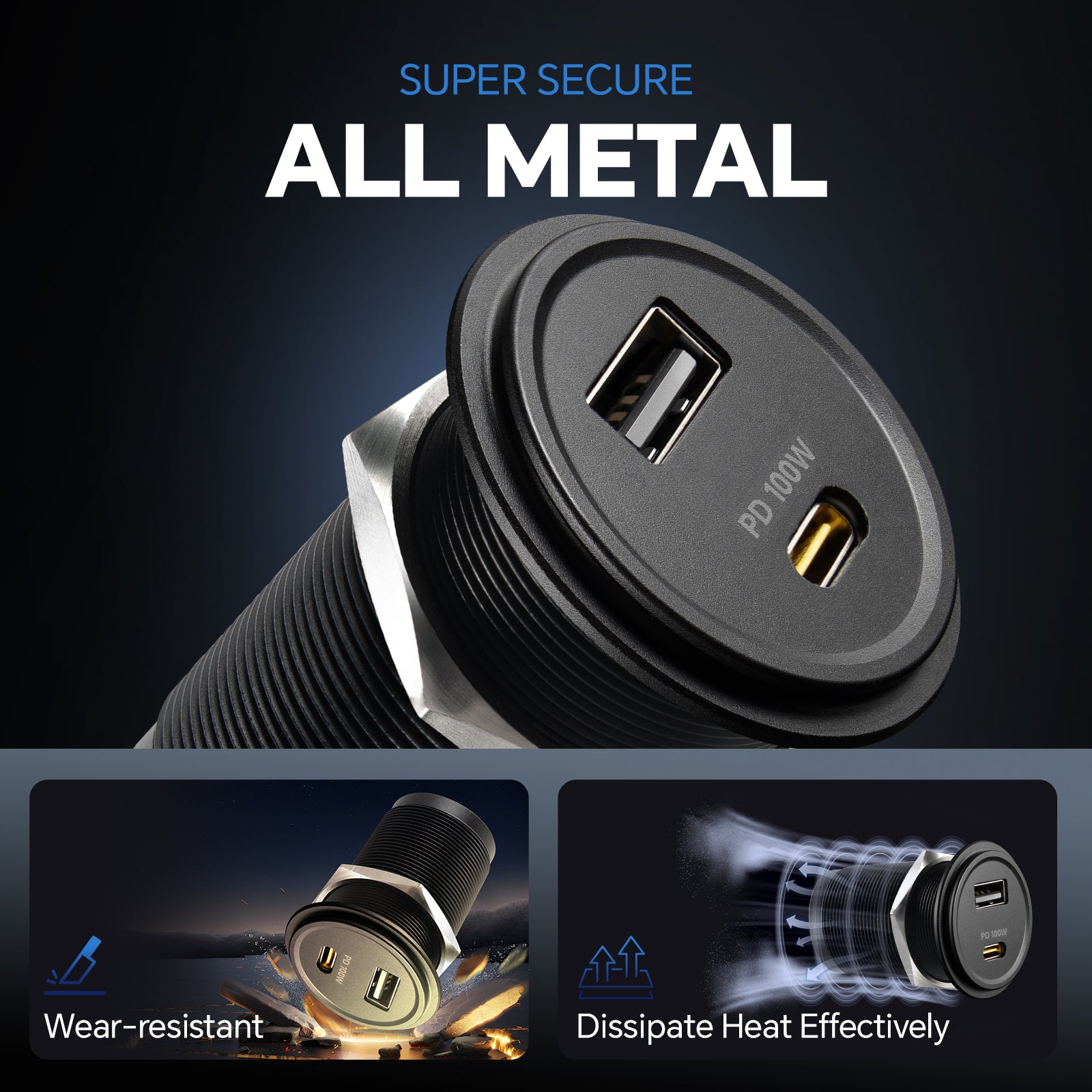 118W 12V USB Socket Aluminum Outlet, 100W PD3.0 USB-C, 18W QC3.0 USB-A