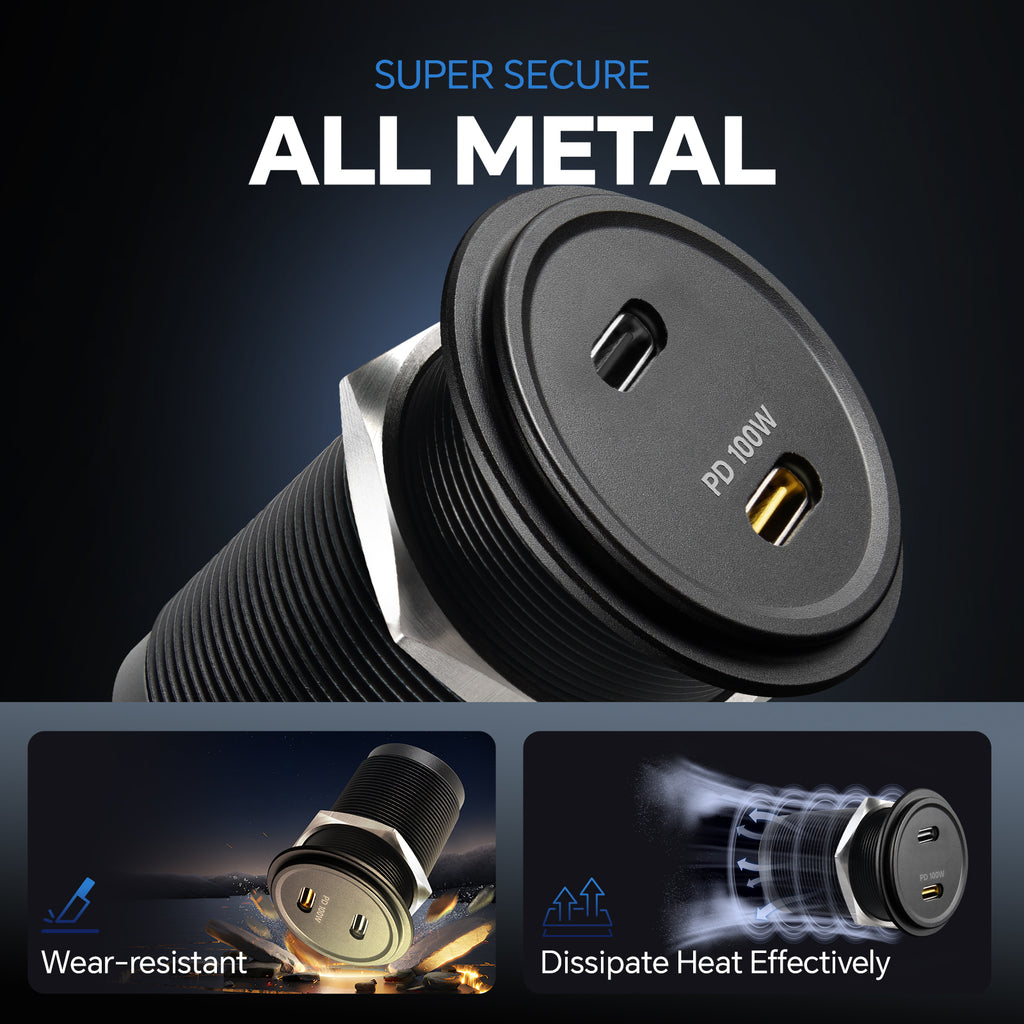 12V USB Socket Aluminum Outlet, 100W PD3.0 USB-C & 20W PD