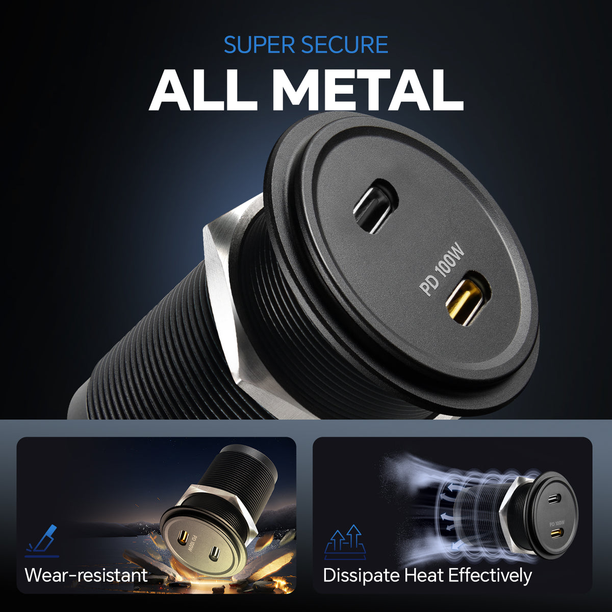 12V USB Socket Aluminum Outlet, 100W PD3.0 USB-C & 20W PD