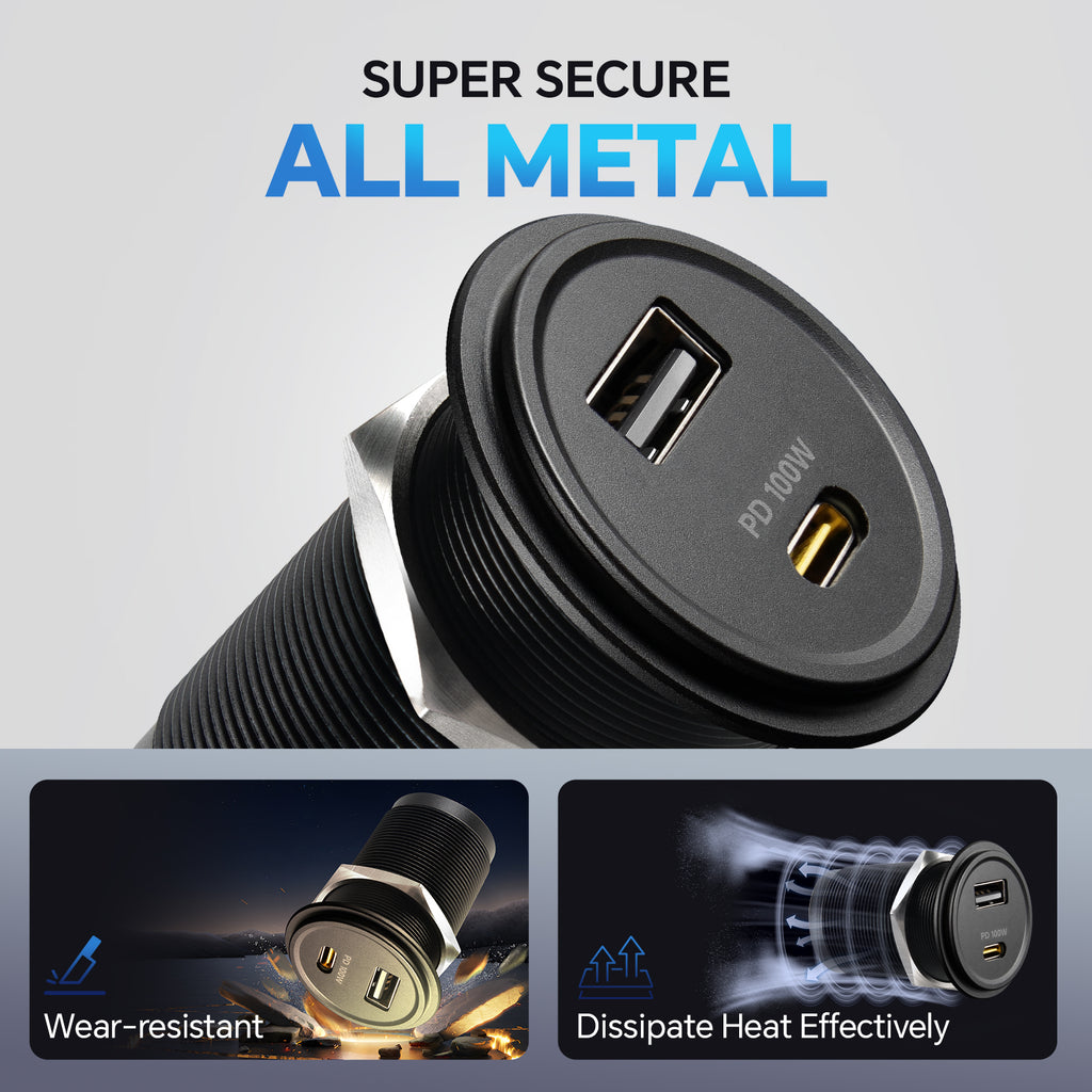 118W 12V USB Socket Aluminum Outlet, 100W PD3.0 USB-C, 18W QC3.0 USB-A