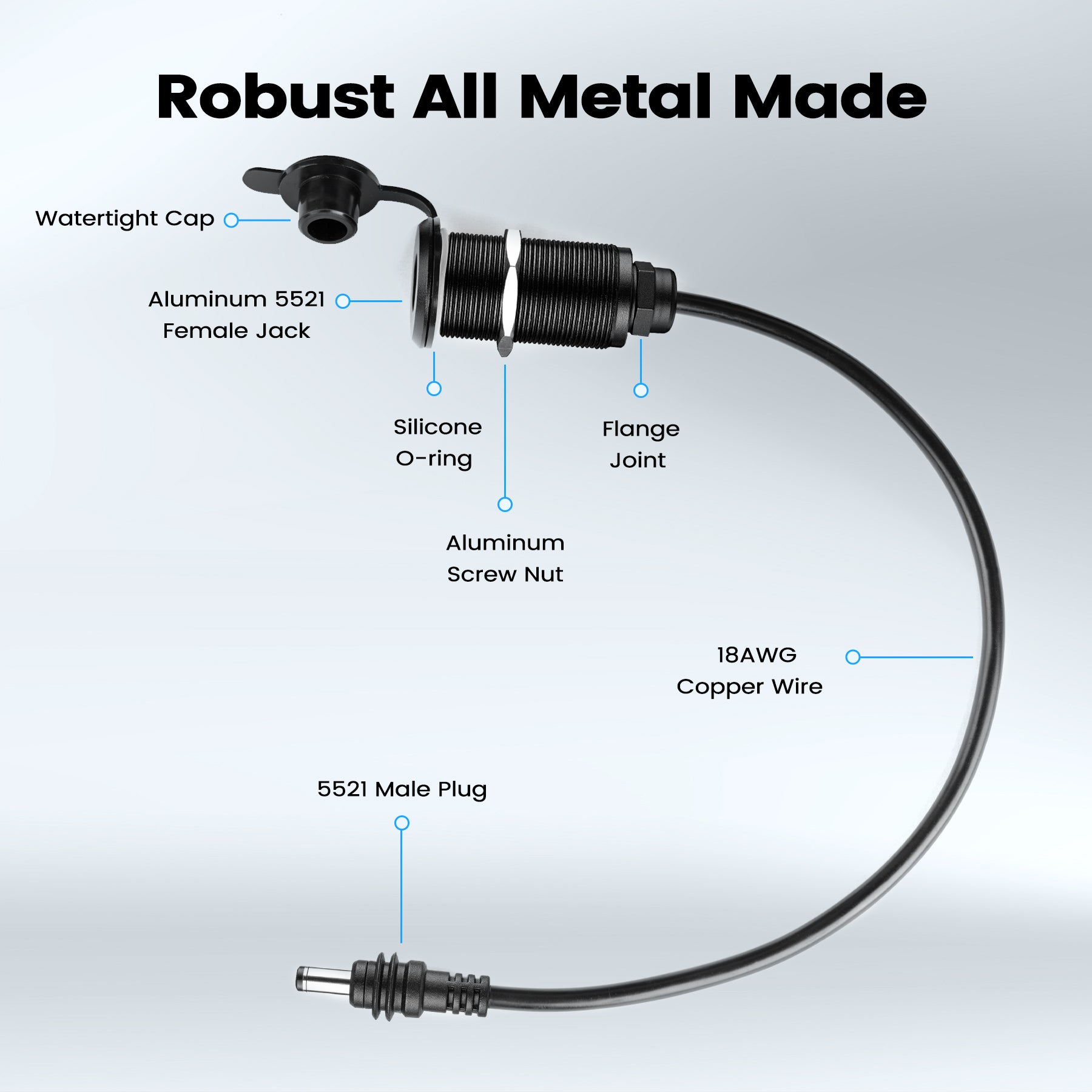 RV Waterproof Pass Through Wall Socket for Starlink Mini, Aluminum DC 5.5 x 2.1