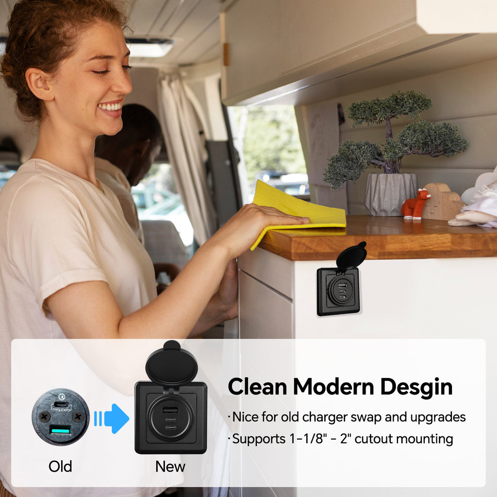 3 Port 68W Aluminum 12V USB C Outlet, Dual USB-C and USB-A