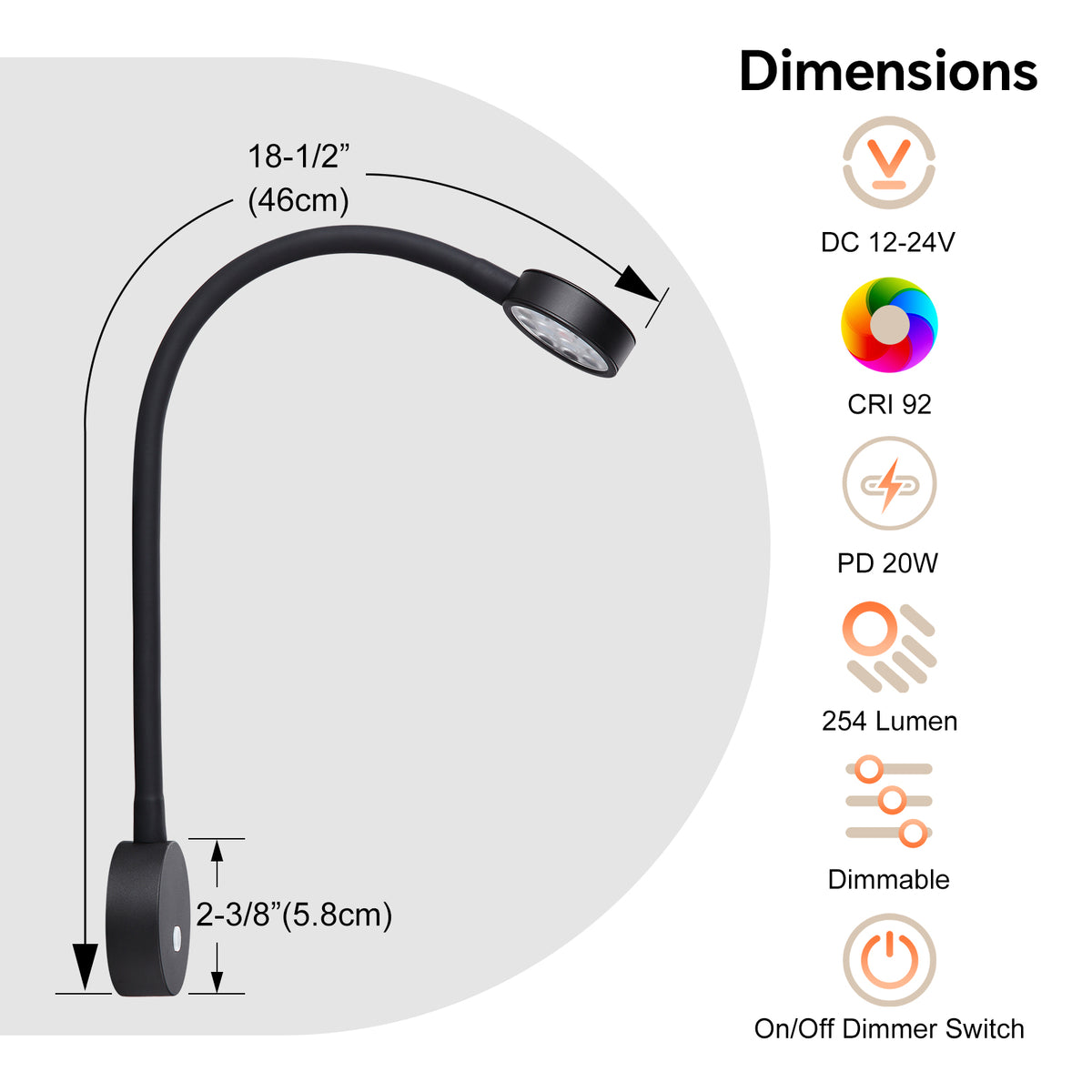 12V Reading Light RV Boat Flexible Spot Built-in USB-C Charger Dimmable