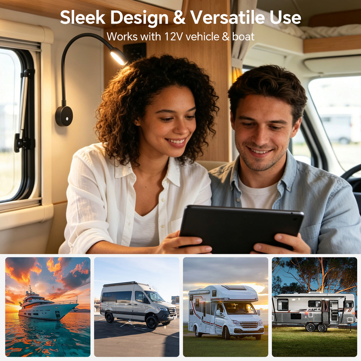 12V Reading Light RV Boat Flexible Spot Built-in USB-C Charger Dimmable