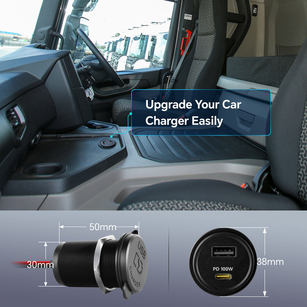 118W 12V USB Socket Aluminum Outlet, 100W PD3.0 USB-C, 18W QC3.0 USB-A