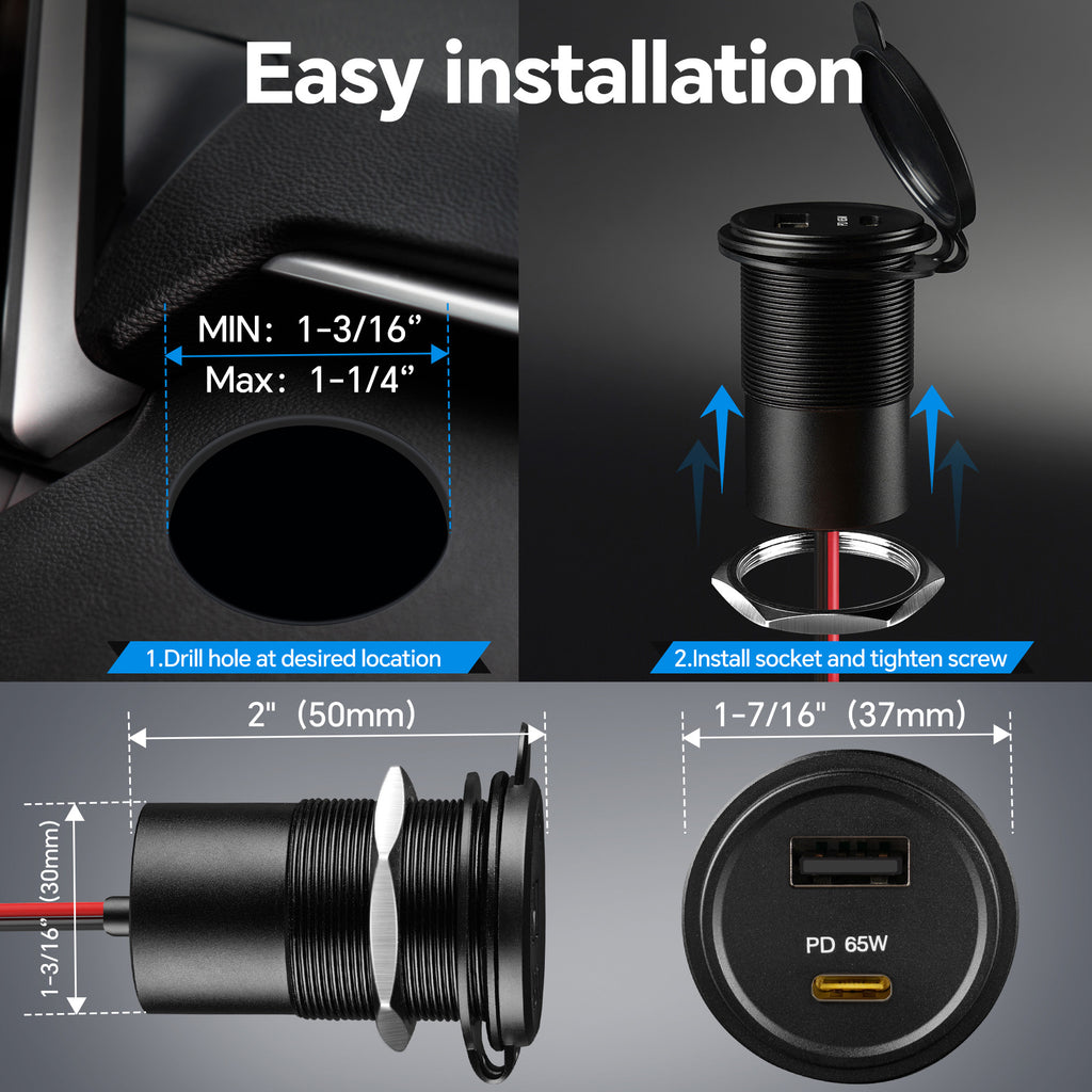 83W 12V USB Socket 65W PD3.0, 18W QC3.0