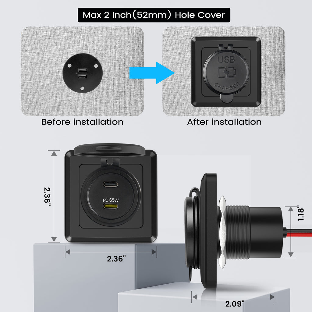 12V USB-C Outlet, 85W RV Dual USB Socket (65W + 20W)