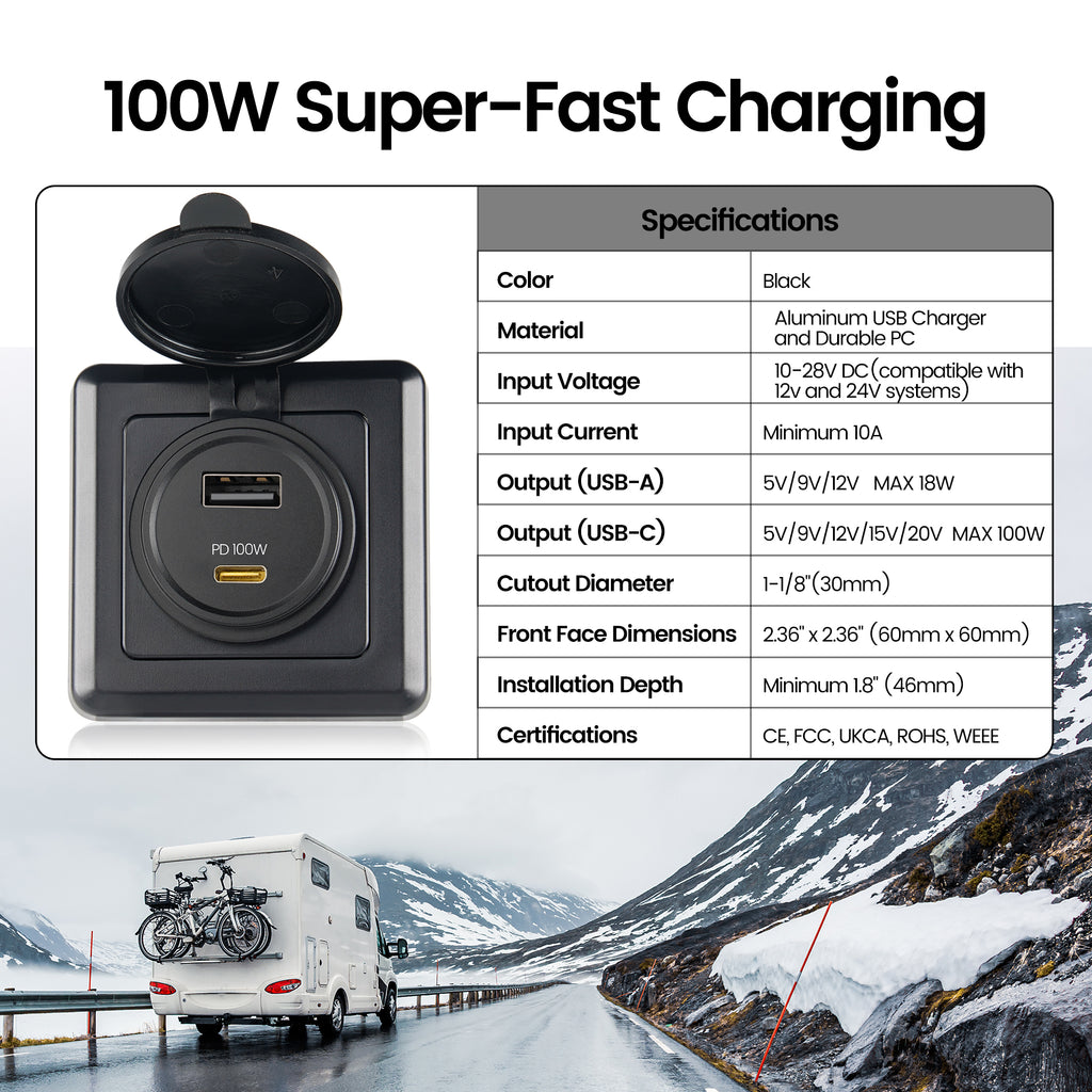 118W RV USB Outlet 100W PD & 18W USB-A Dual Port Power Socket