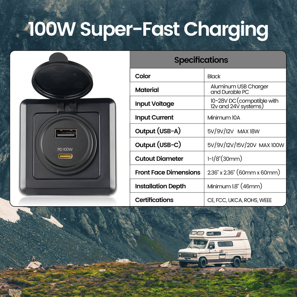 118W RV USB Outlet 100W PD & 18W USB-A Dual Port Power Socket