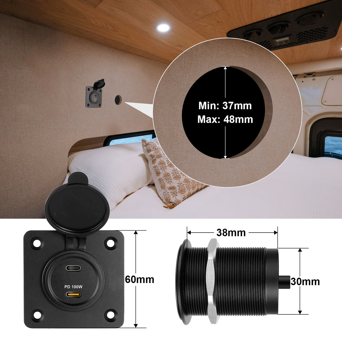 12V USB Socket Aluminum Outlet, 100W PD3.0 USB-C & 20W PD