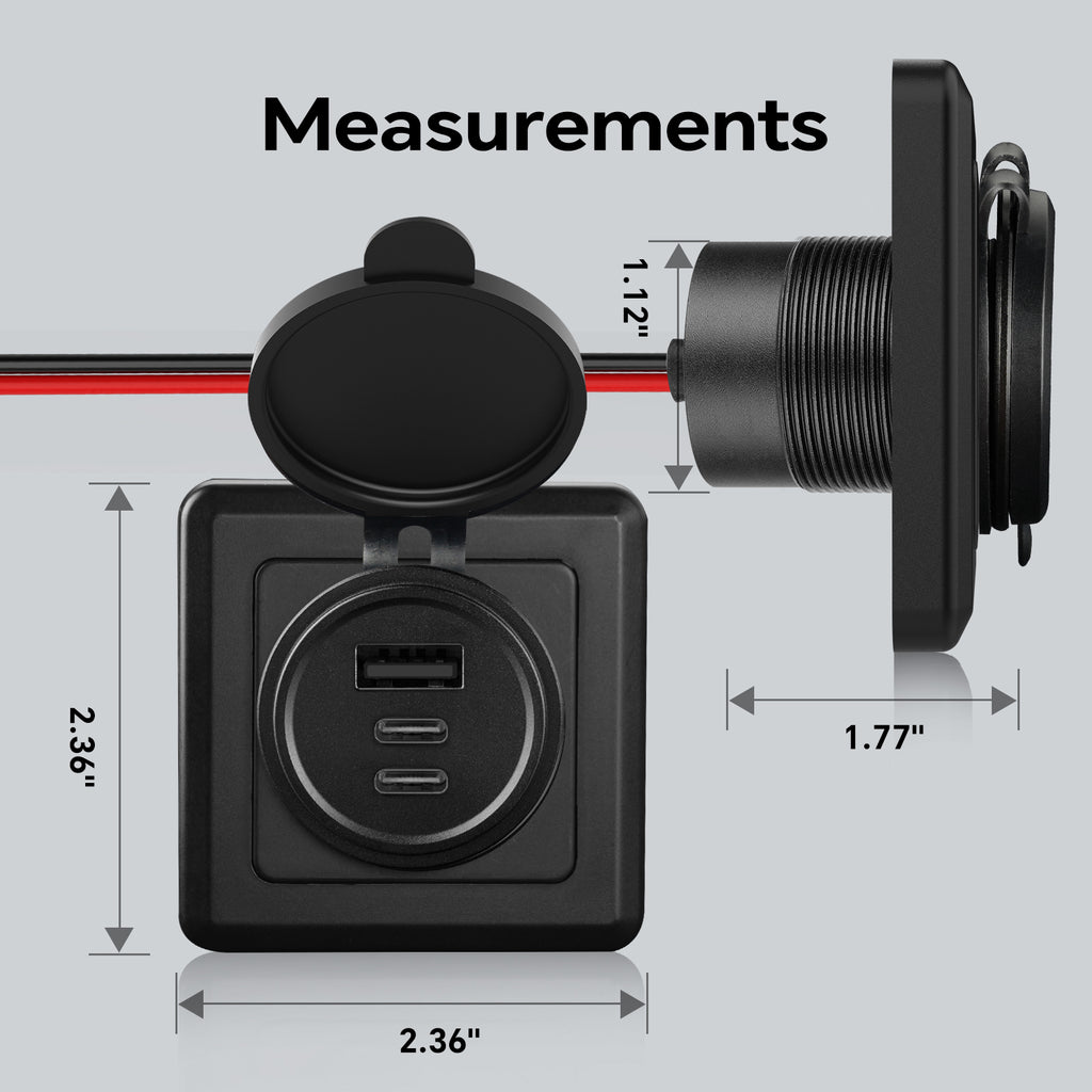 3 Port 68W Aluminum 12V USB C Outlet, Dual USB-C and USB-A