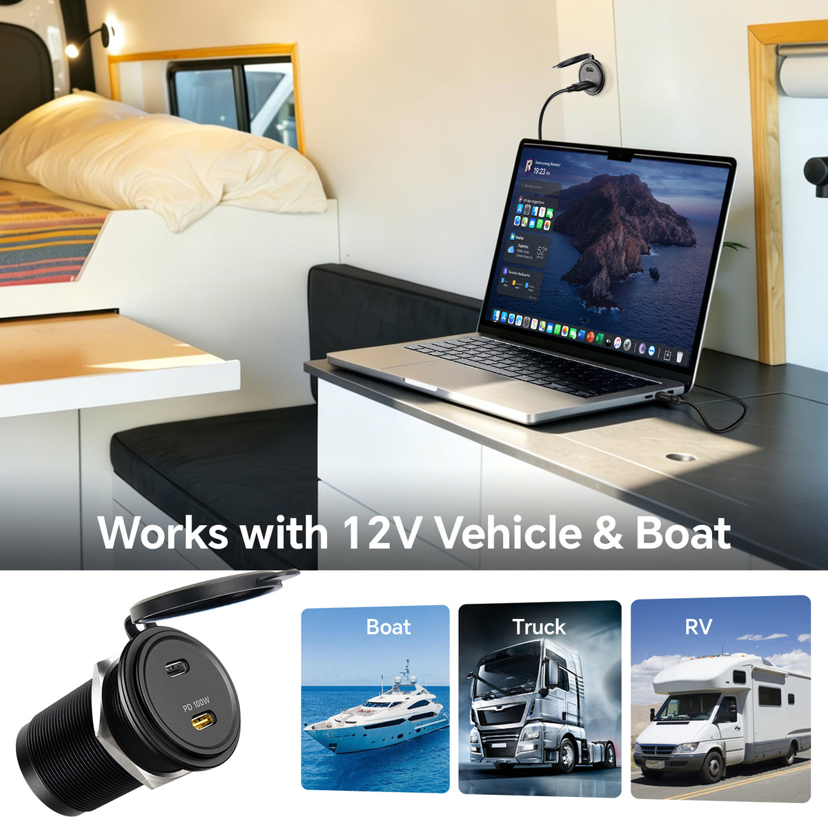 12V USB Socket Aluminum Outlet, 100W PD3.0 USB-C & 20W PD