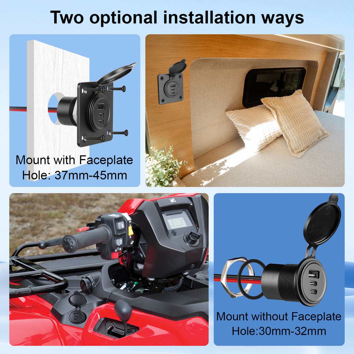 3 Port 68W Aluminum 12V USB C Outlet, Dual USB-C and USB-A